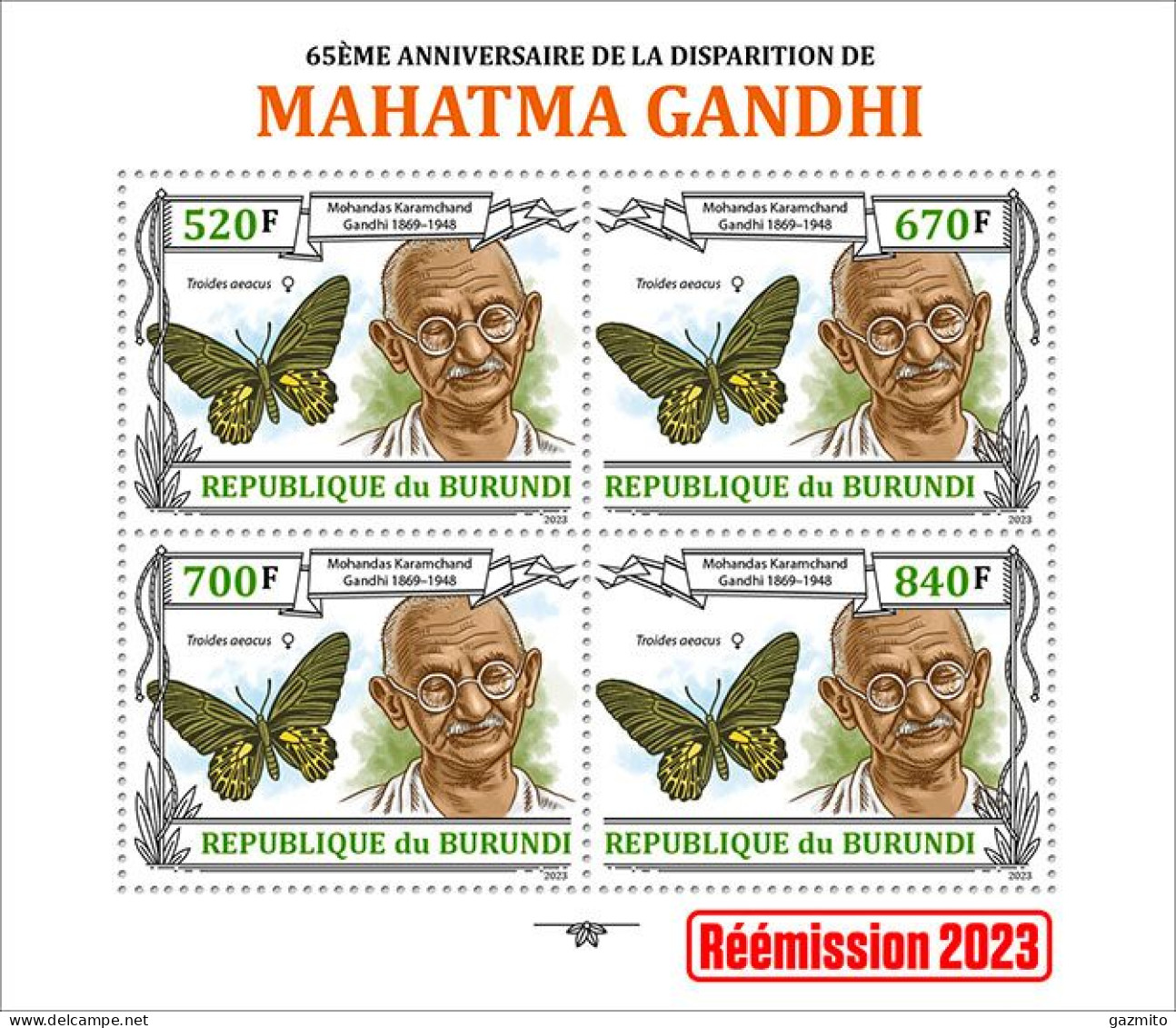 Burundi 2023, Gandhi And Butterfly, Sheetlet1 - Unused Stamps