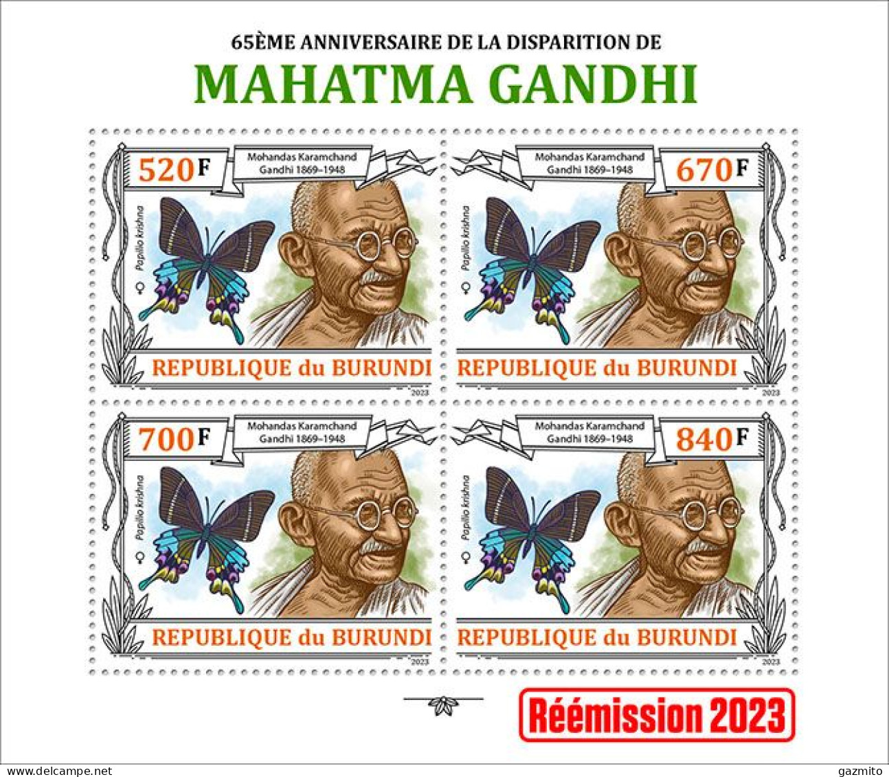 Burundi 2023, Gandhi And Butterfly, Sheetlet3 - Unused Stamps