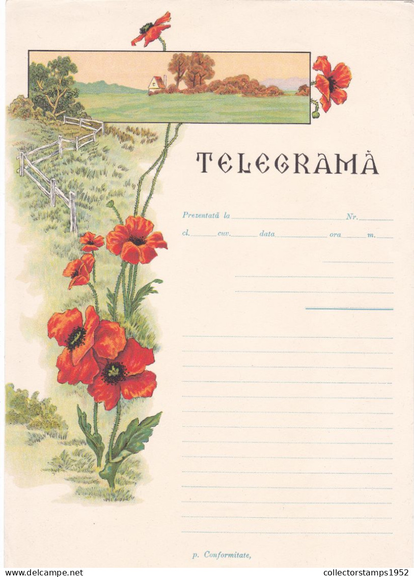 VERY RARE TELEGRAMME,POPPY FLOWERS,UNUSED,LX11, ROMANIA - Telegraaf