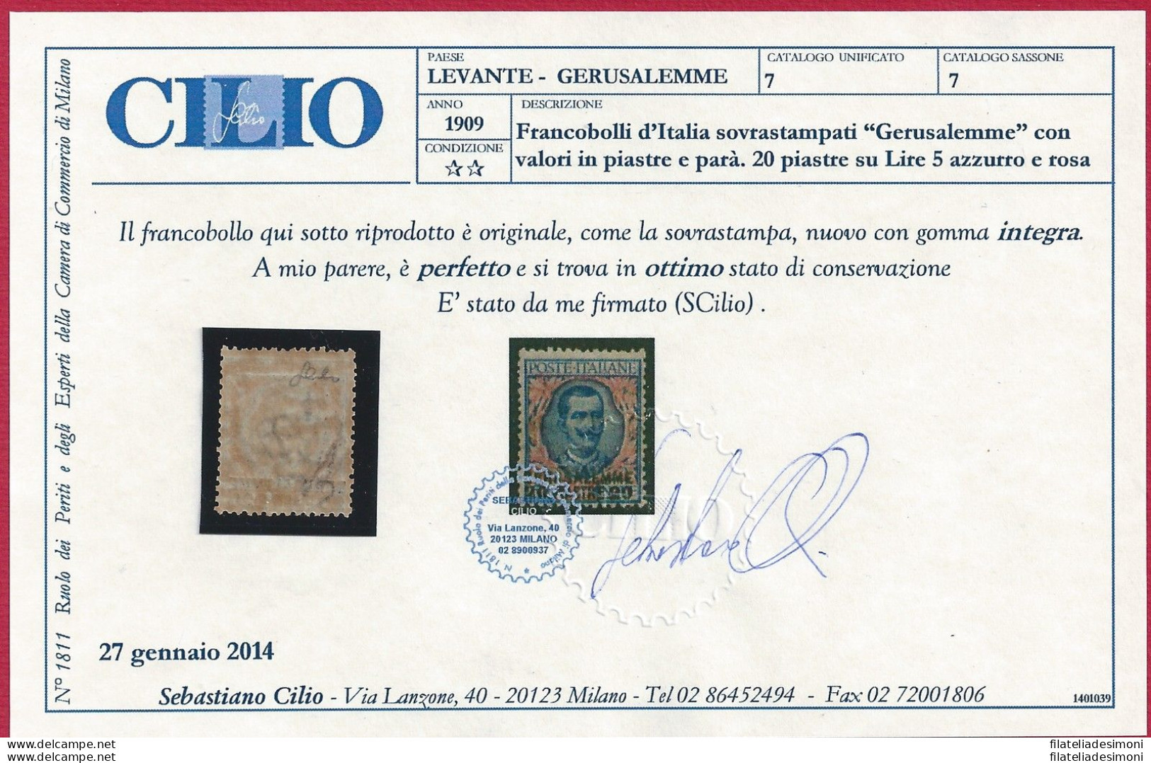 1909-11 GERUSALEMME, N° 7  20 Piastre Su 5 Lire  MNH/**  Certificato Cilio RARO - Sonstige & Ohne Zuordnung
