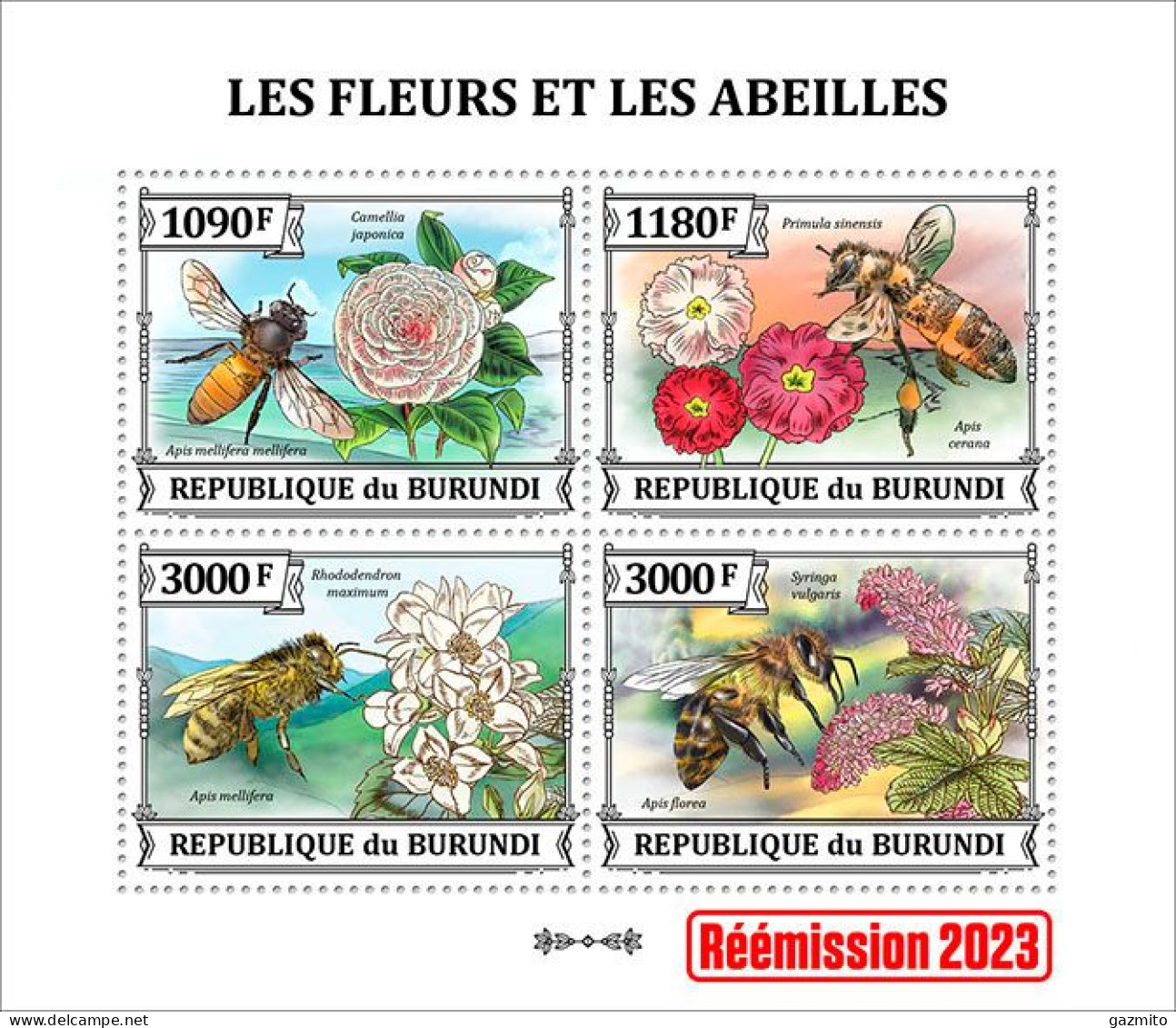 Burundi 2023, Flower And Bees, Re-issued, 4val In Block - Honingbijen