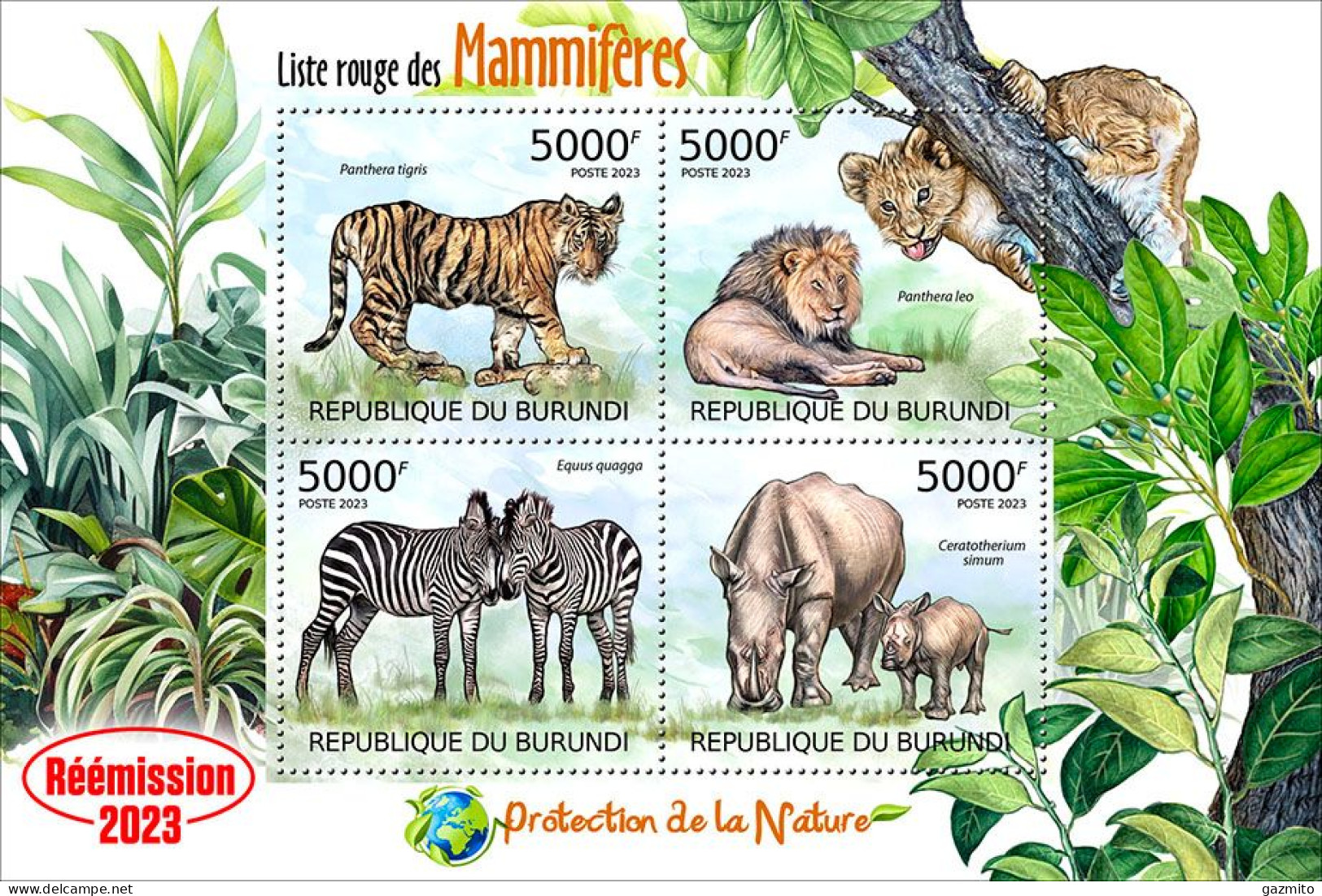 Burundi 2023, Animals, Tiger, Lion, Zebra, Rhino, Re-issued, 4val In Block - Rhinozerosse