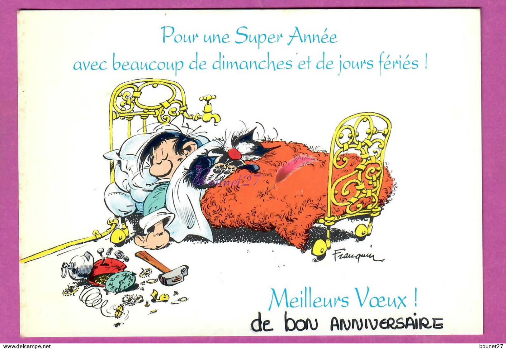 BD Bande Dessinée GASTON LAGAFFE Franquin Dort Dans Son Lit Avec Son Chat Dingue Marteau Reveil - Bandes Dessinées