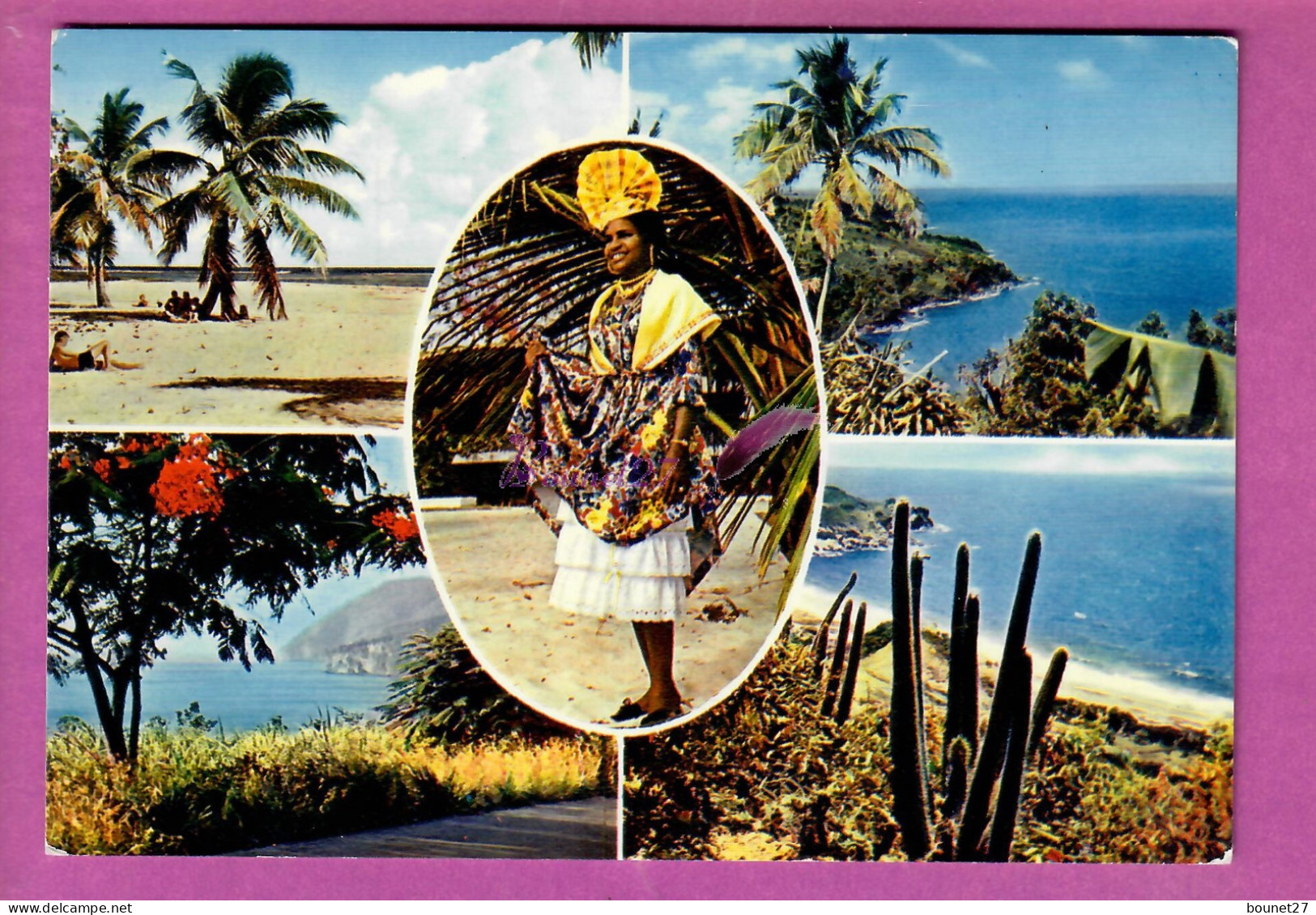 GUADELOUPE - Multivue Plage Palmier Fleur Cactus Folklore Femme Costume Et Coiffe - Autres & Non Classés