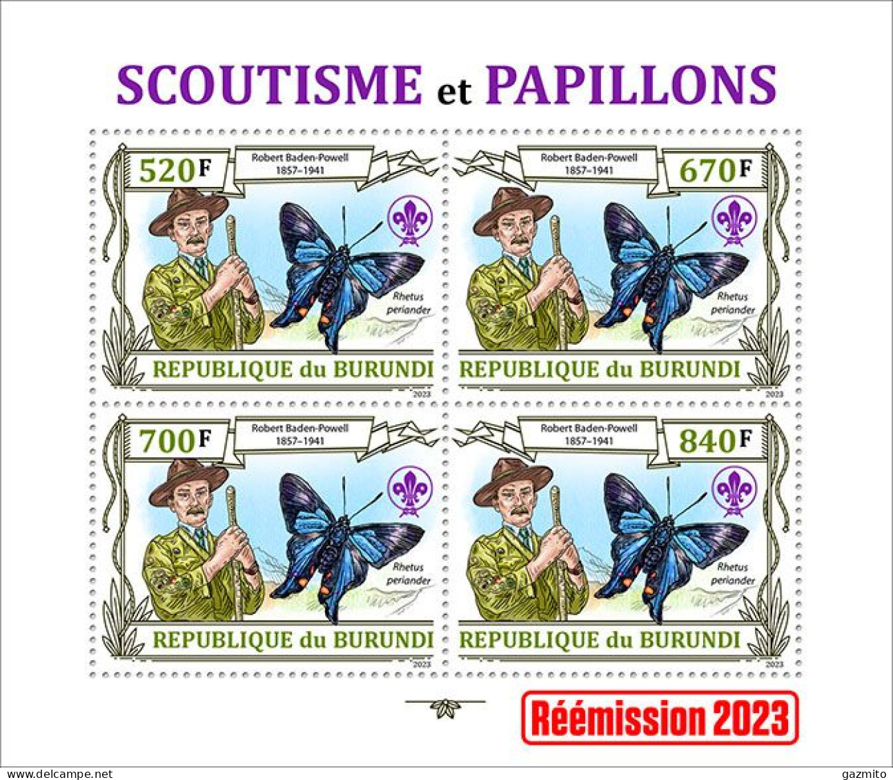 Burundi 2023, Animals, Butterflies II, Scout, Re-issued, Sheetlet4 - Unused Stamps