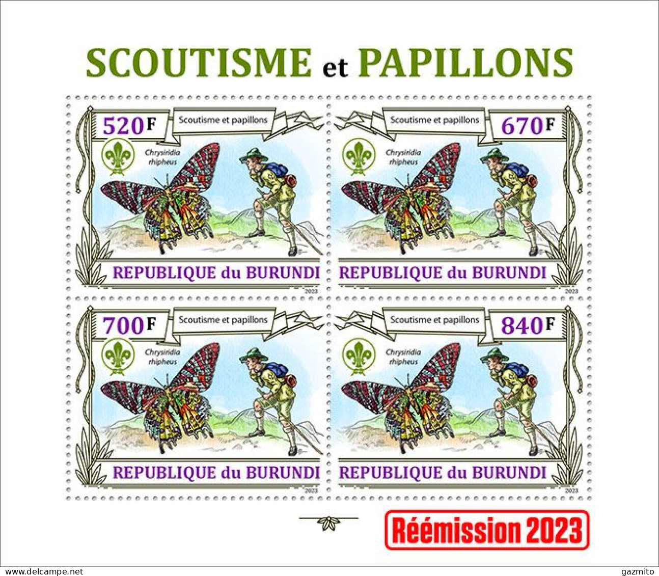 Burundi 2023, Animals, Butterflies II, Scout, Re-issued, Sheetlet2 - Unused Stamps