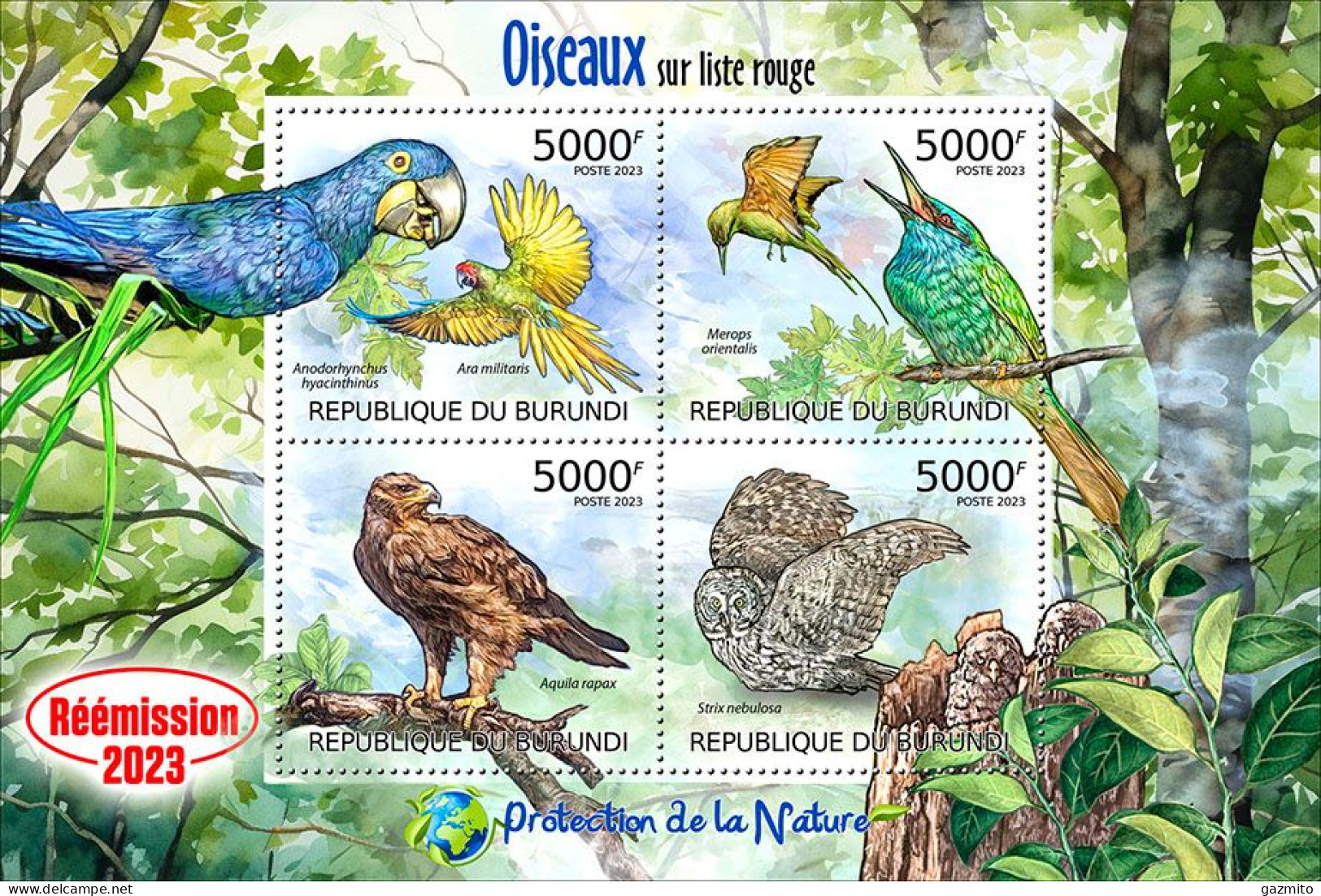 Burundi 2023, Animals, Birds, Parrots, Eagle, Owl, Re-issued, 4val In Block - Papegaaien, Parkieten