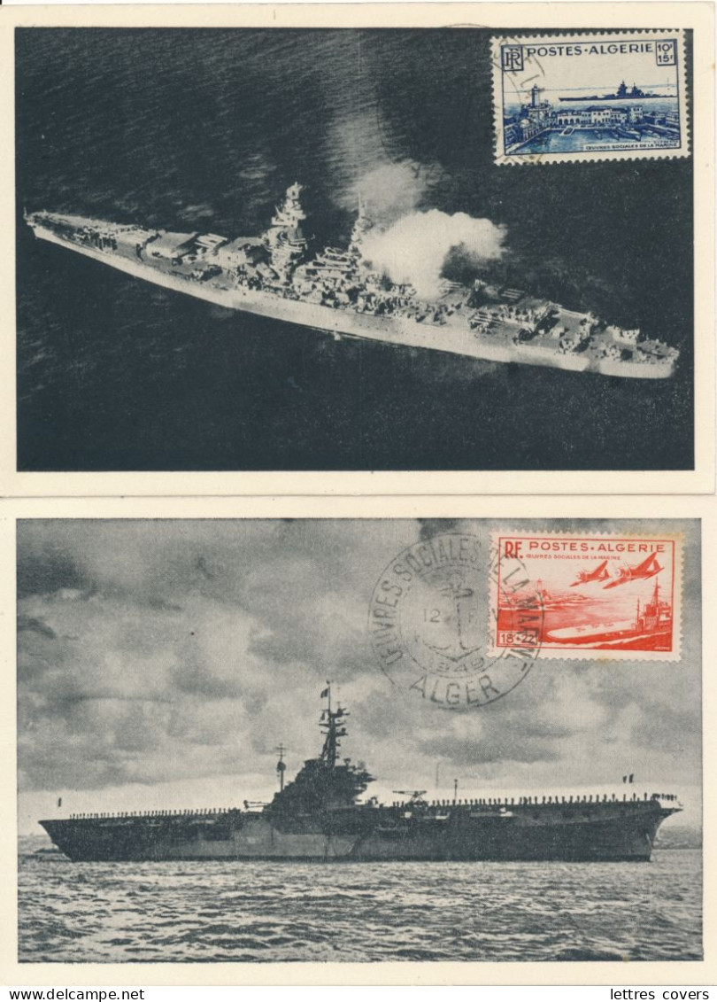 Algérie 2 Cartes Maximum OEUVRES DE LA MARINE Porte Avions ARROMANCHE Batiment RICHELIEU 1949 NAVALE - Maximumkaarten