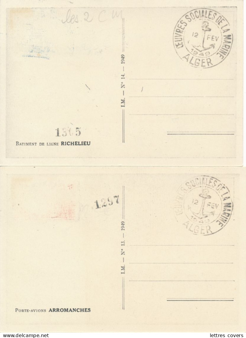 Algérie 2 Cartes Maximum OEUVRES DE LA MARINE Porte Avions ARROMANCHE Batiment RICHELIEU 1949 NAVALE - Maximum Cards