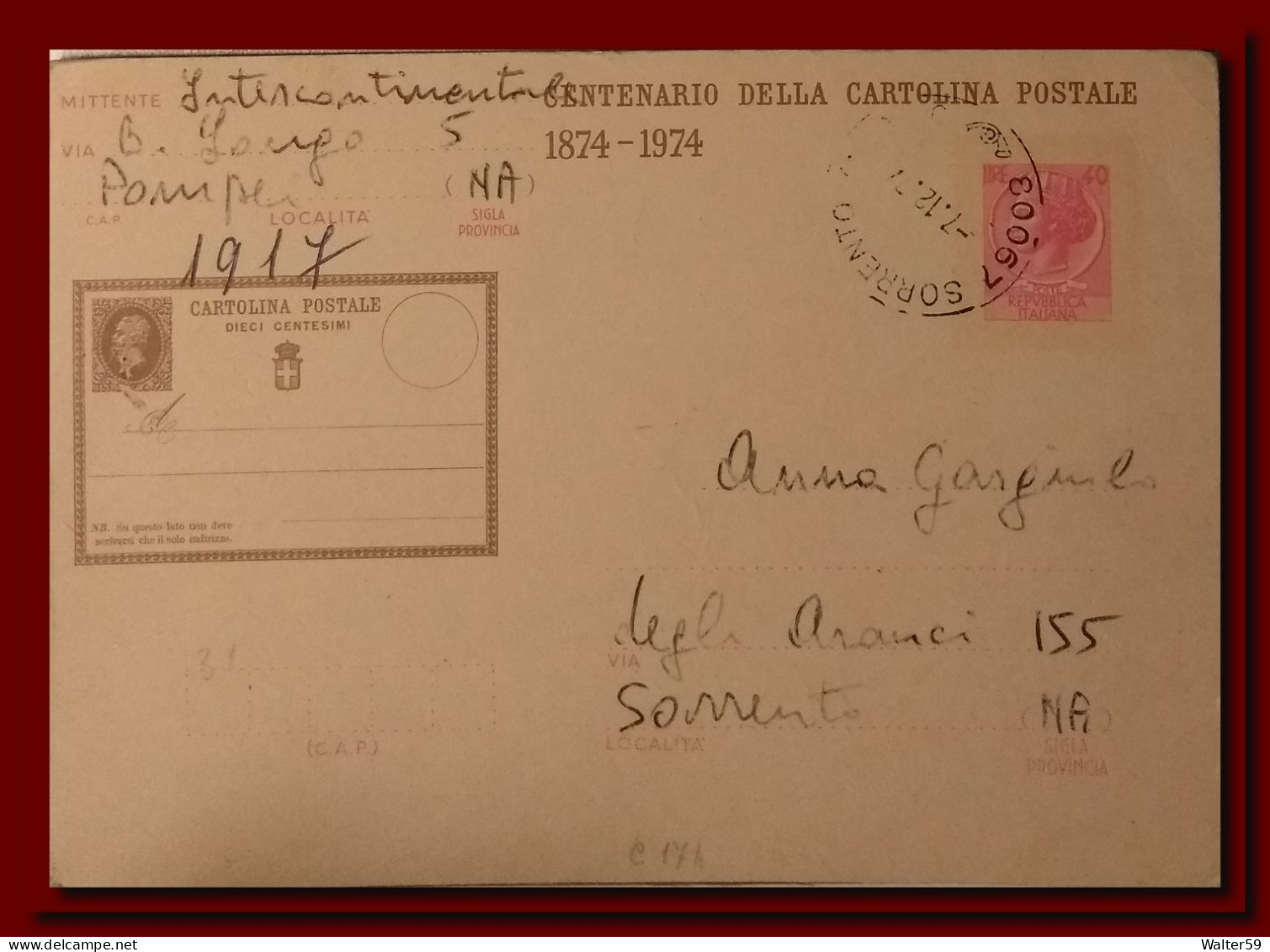 1974 Italia Italy Intero 100° Ann.CP £40 Vg Sorrento Uso AR Avviso Ricevimento Ps Card Used As Avis De Reception 3scans - Interi Postali