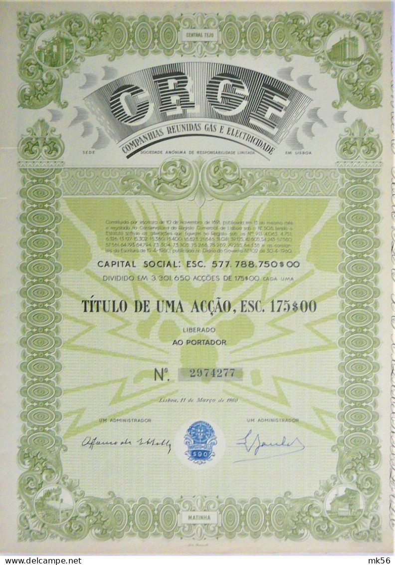 Comp.Reunidas Gas E Electricidade - Titulo De 1 Ac.  (Lisboa) (1960) - Electricité & Gaz