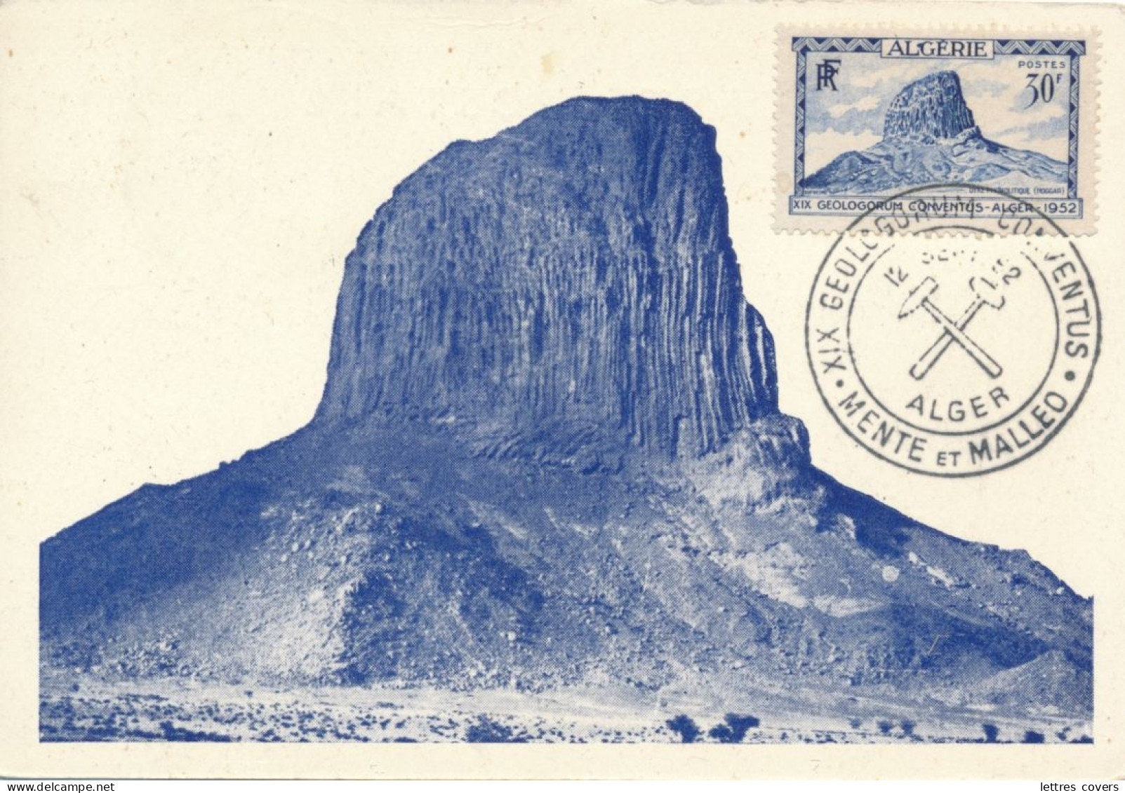 1952 Algérie Carte Maximum XIX GEOLOGORUM CONVENTUS - MENTE ET MALLEO Maxi Card 12/9/52 ROCHER DU HOGGAR - Montagnes