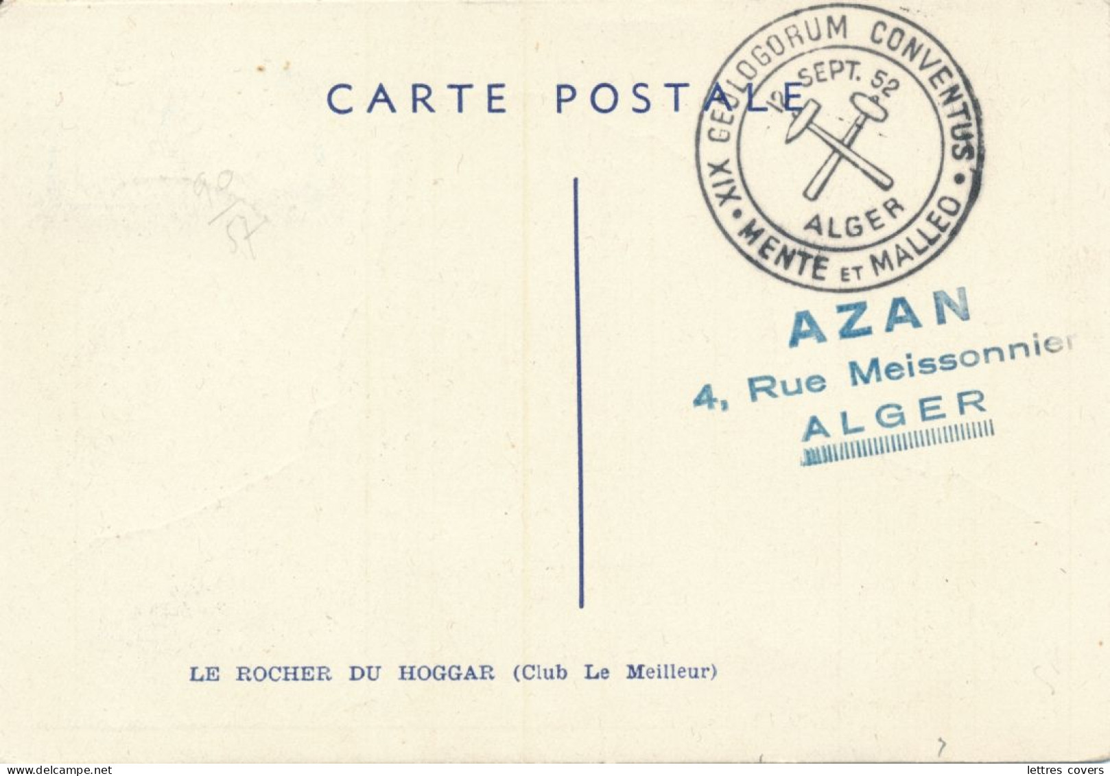 1952 Algérie Carte Maximum XIX GEOLOGORUM CONVENTUS - MENTE ET MALLEO Maxi Card 12/9/52 ROCHER DU HOGGAR - Bergen