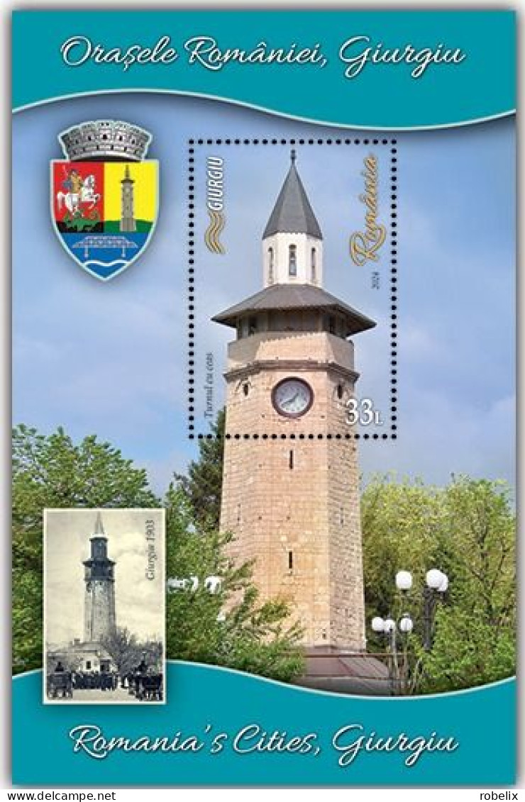 ROMANIA 2024 Romania 's Cities - GIURGIU  ;  Architecture -  Clock Tower - Perforated Souvenir Sheet  MNH** - Neufs