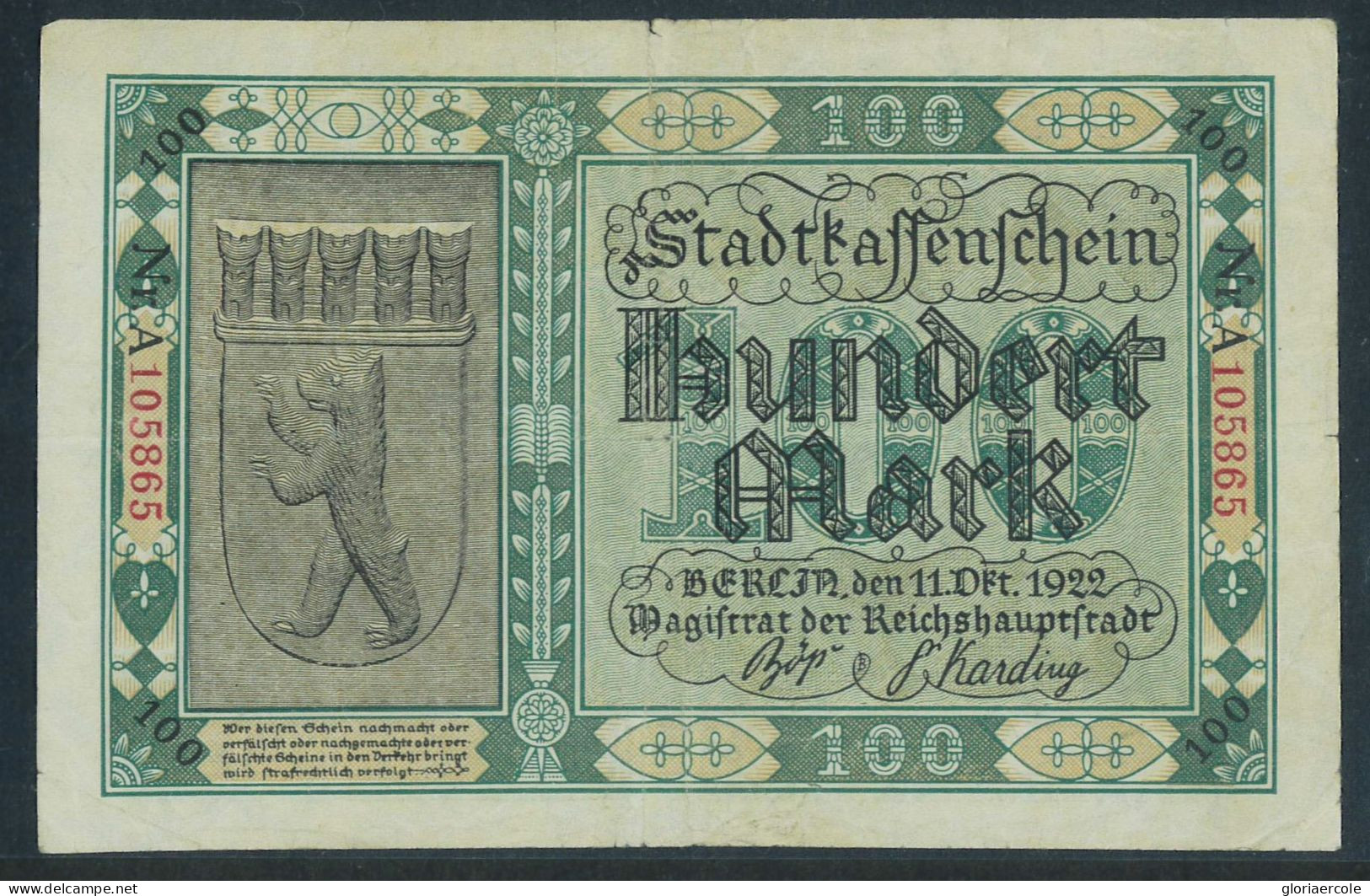 P2758 - GERMANY PAPER MONEY BERLIN LOCAL PAPER MONEY 100 MARK 1922 FINE/VERY FINE - Ohne Zuordnung