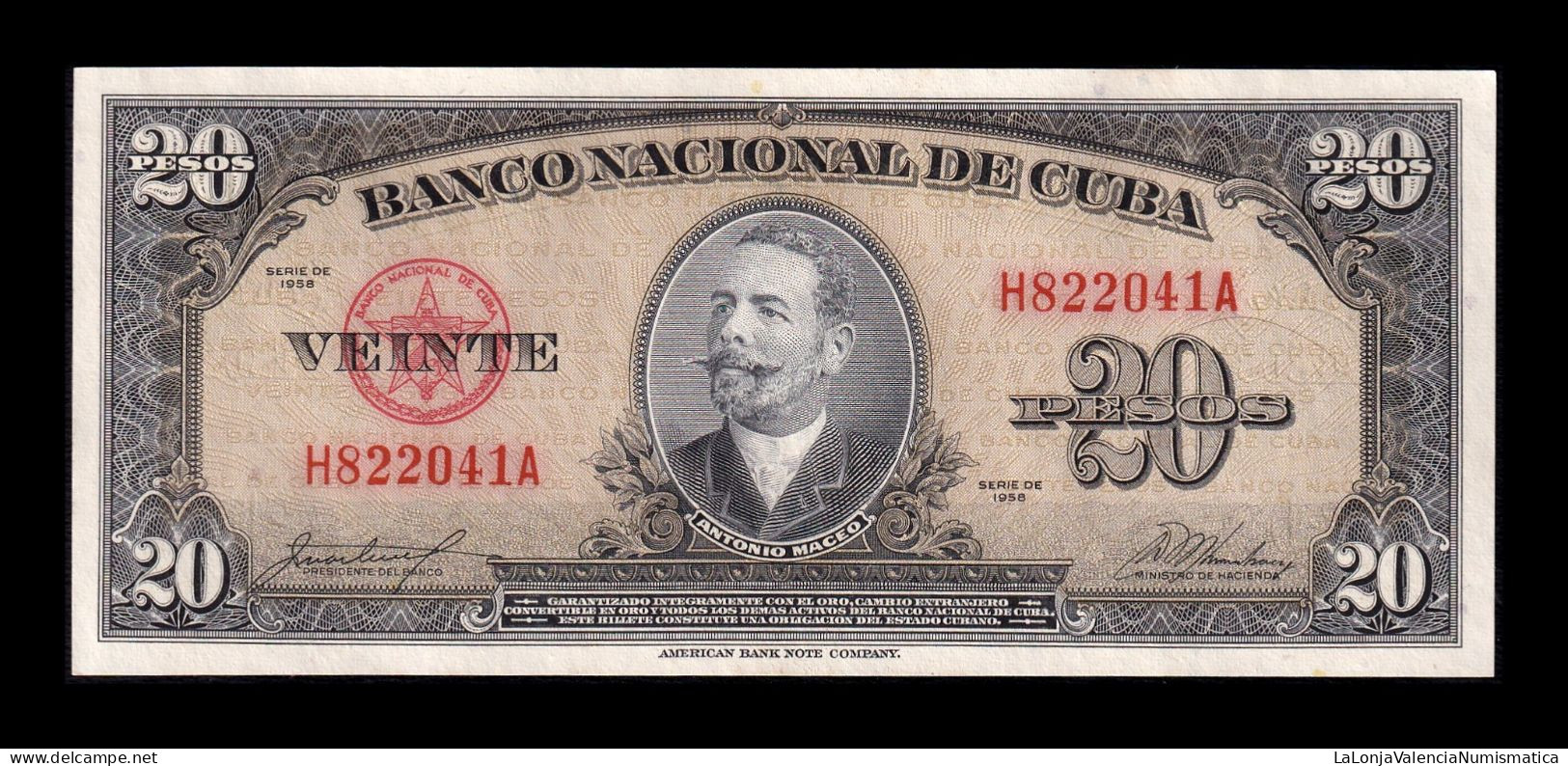 Cuba 20 Pesos Antonio Maceo 1958 Pick 80b Sc Unc - Cuba