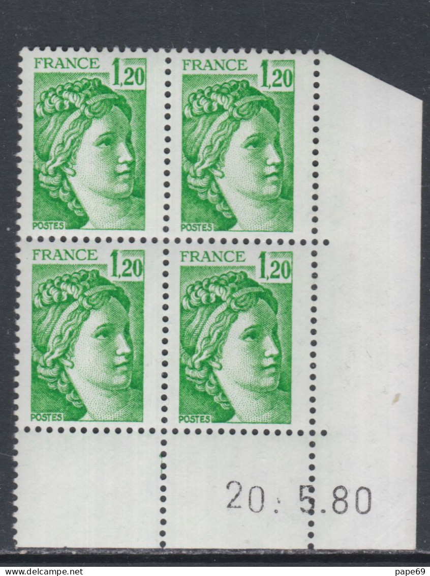 France N°2101  Type Sabine : 1 F. 20 Vert En Bloc De 4 Coin Daté  Du 20. 5 . 80 ;  Sans Trait, Sans Charnière TB - 1980-1989