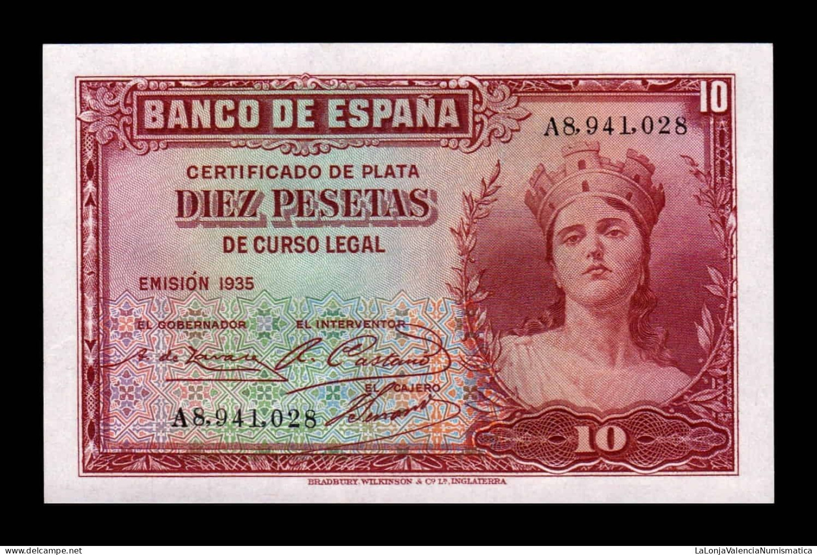 España Spain 10 Pesetas República 1935 Pick 86 Serie A Sc Unc - 10 Pesetas