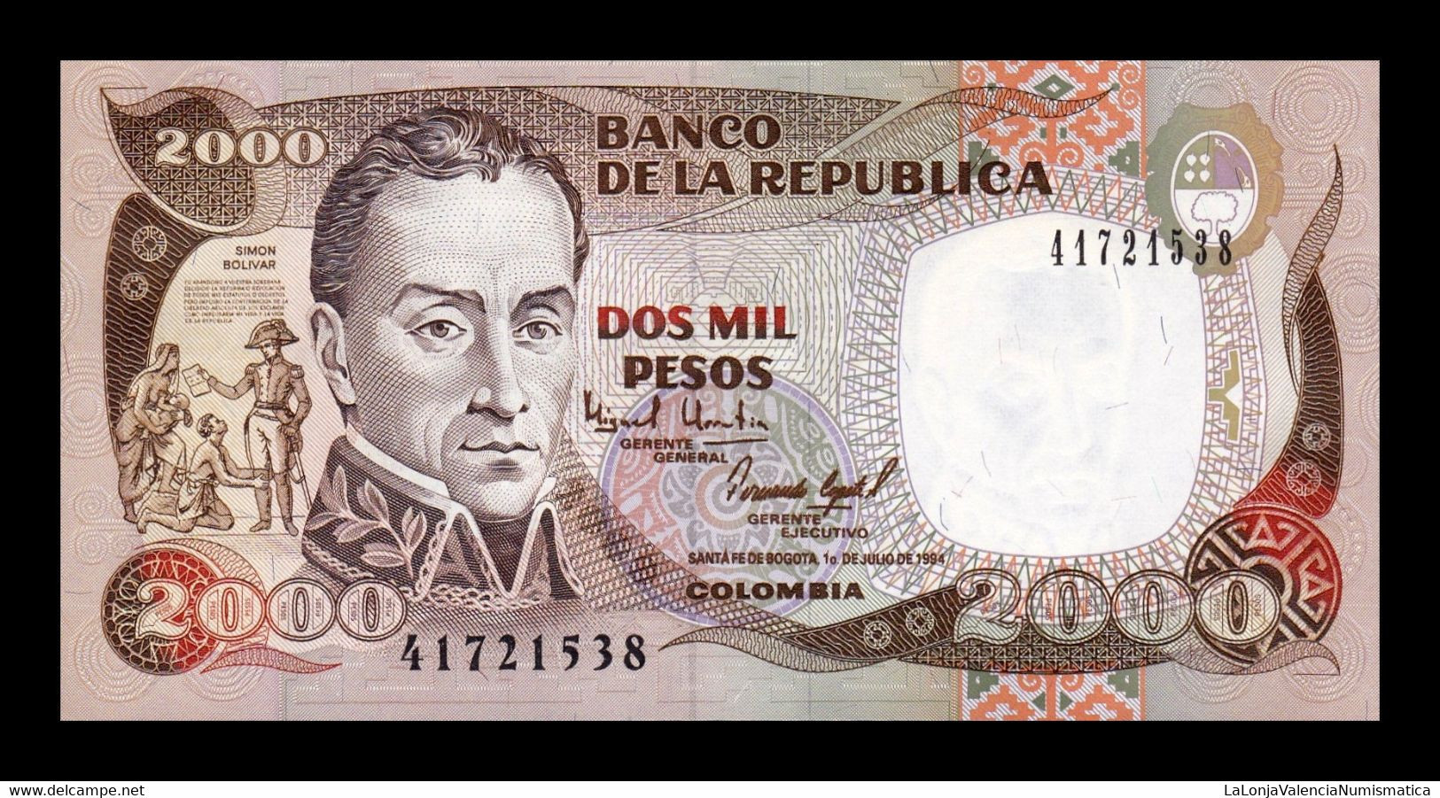 Colombia 2000 Pesos Simón Bolívar 1994 Pick 439b Sc Unc - Kolumbien