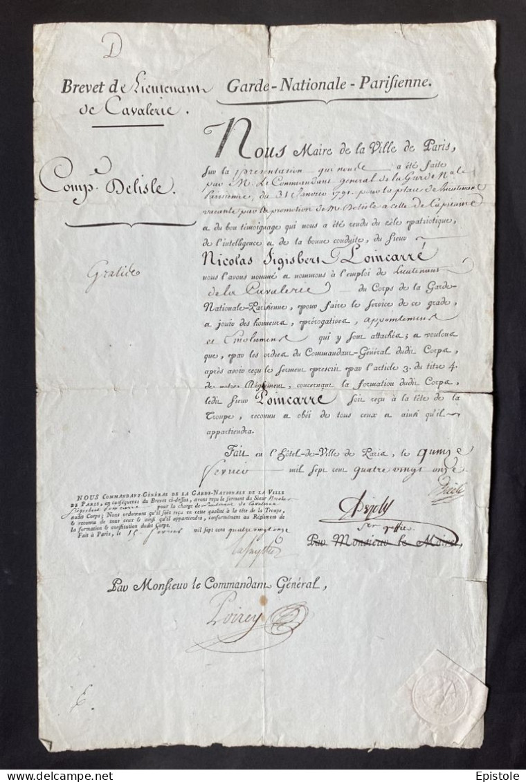 [Révolution] LAFAYETTE & BAILLY  – Lettre Signée – Garde Nationale Parisienne 1791 - Personnages Historiques