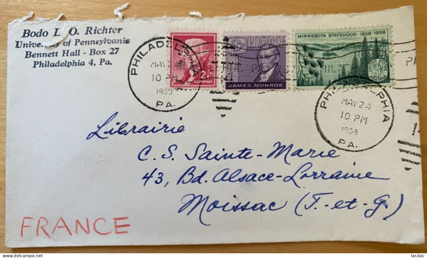 Enveloppe Affranchie Pour La France Oblitération Philadelphia 1958 - Storia Postale