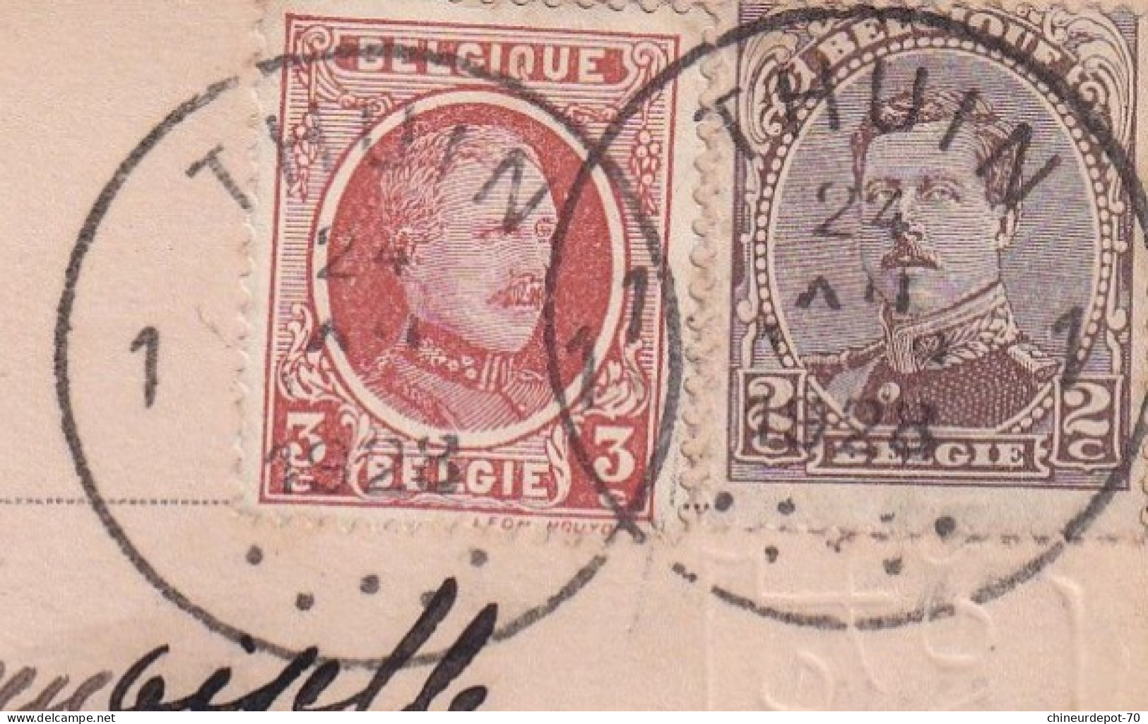 ROI HOUYOUX  ALBERT 1ER DOUBLE CACHET THUIN SIMPLE CERCLE 1928 JOYEUX NOEL A NOYER 2051 - 1922-1927 Houyoux