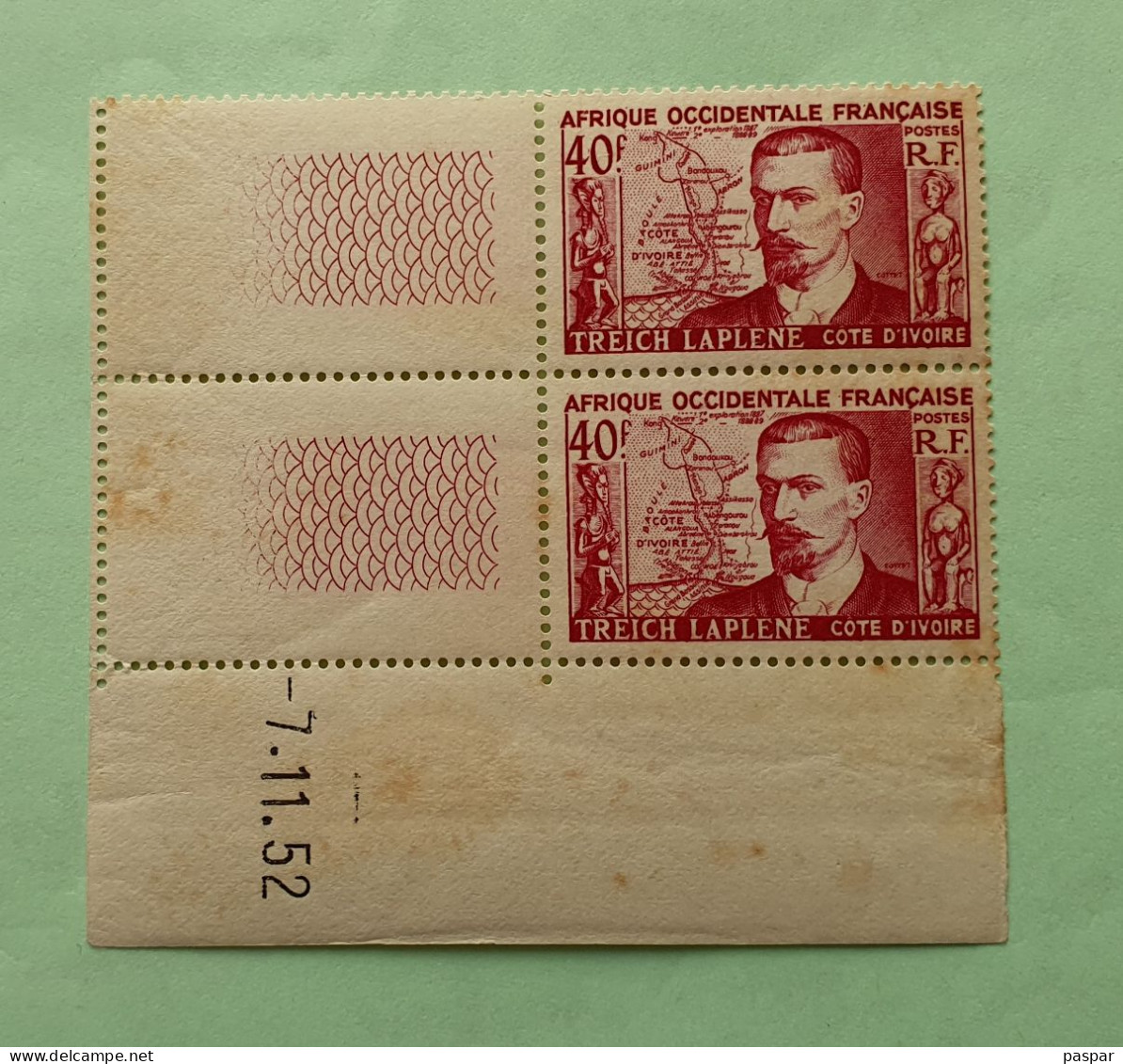 Bloc De 2 Timbres Neufs AOF 40F Coin Daté 7.11.52 - MNH - YT 47 - Treich Laplene Fondateur De La Côte D'Ivoire 1952 - Unused Stamps