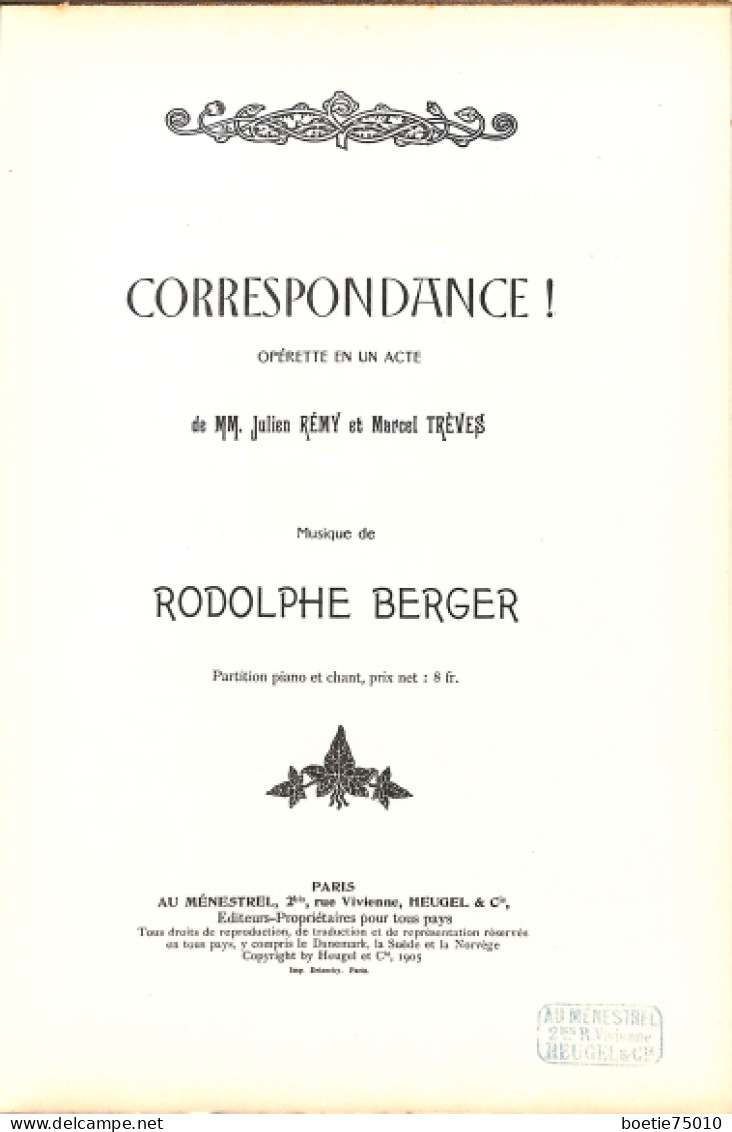 Correspondance. Opérette De R. Berger. Partition Ancienne, Couverture Illustrée Par Gerbault - Partitions Musicales Anciennes