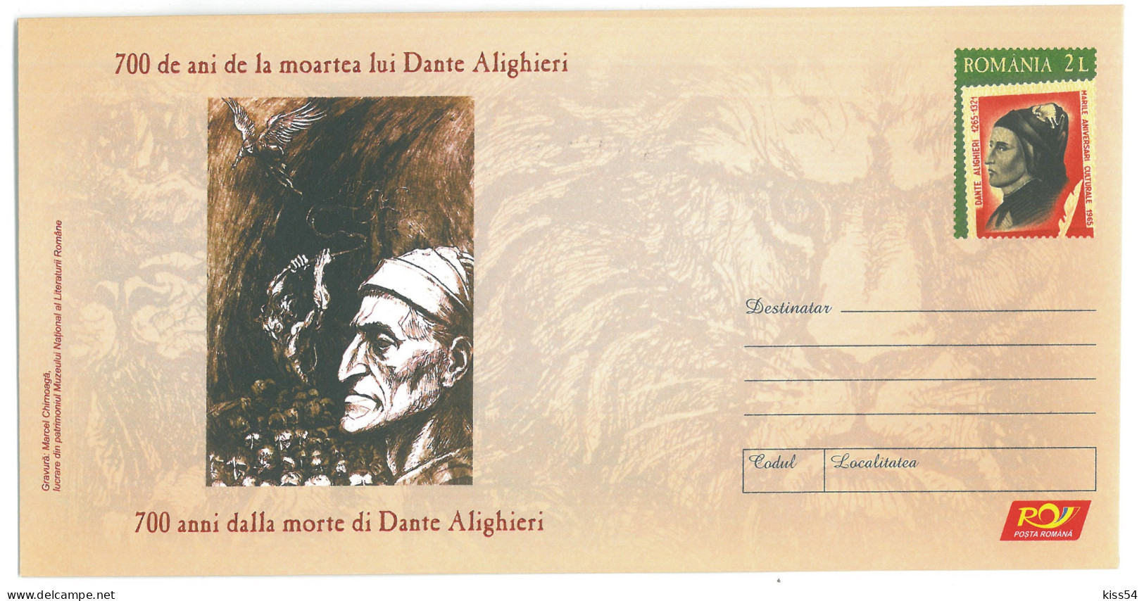 IP 2021 - 37 ITALY, Dante ALIGHIERI, Poet, Writer, 700 Years Since His Death, Romania - Stationery - Unused - 2021 - Postal Stationery