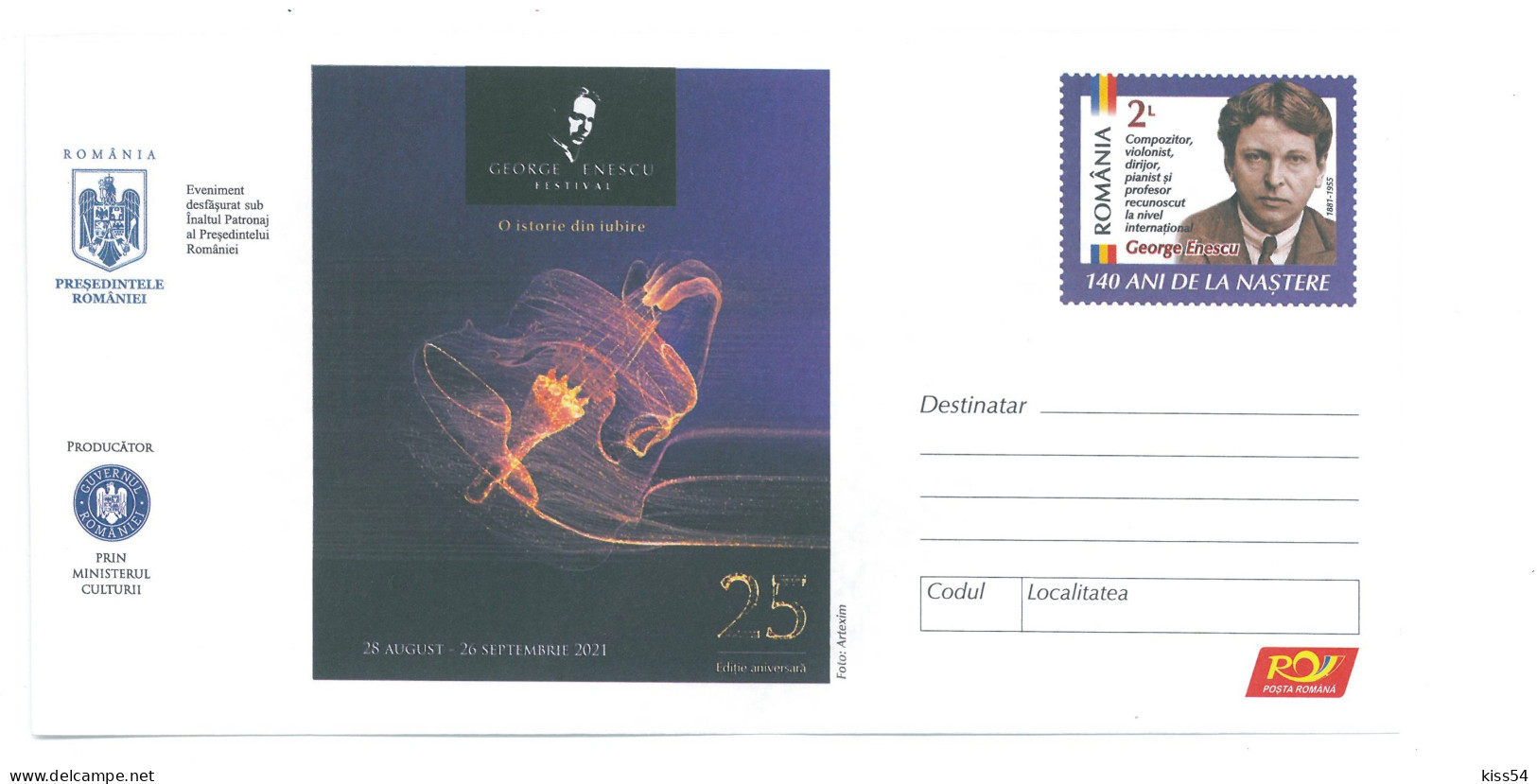 IP 2021 - 39 MUSIC, George ENESCU, Violinist, Conductor, Pianist, Romania - Stationery - Unused - 2021 - Postal Stationery