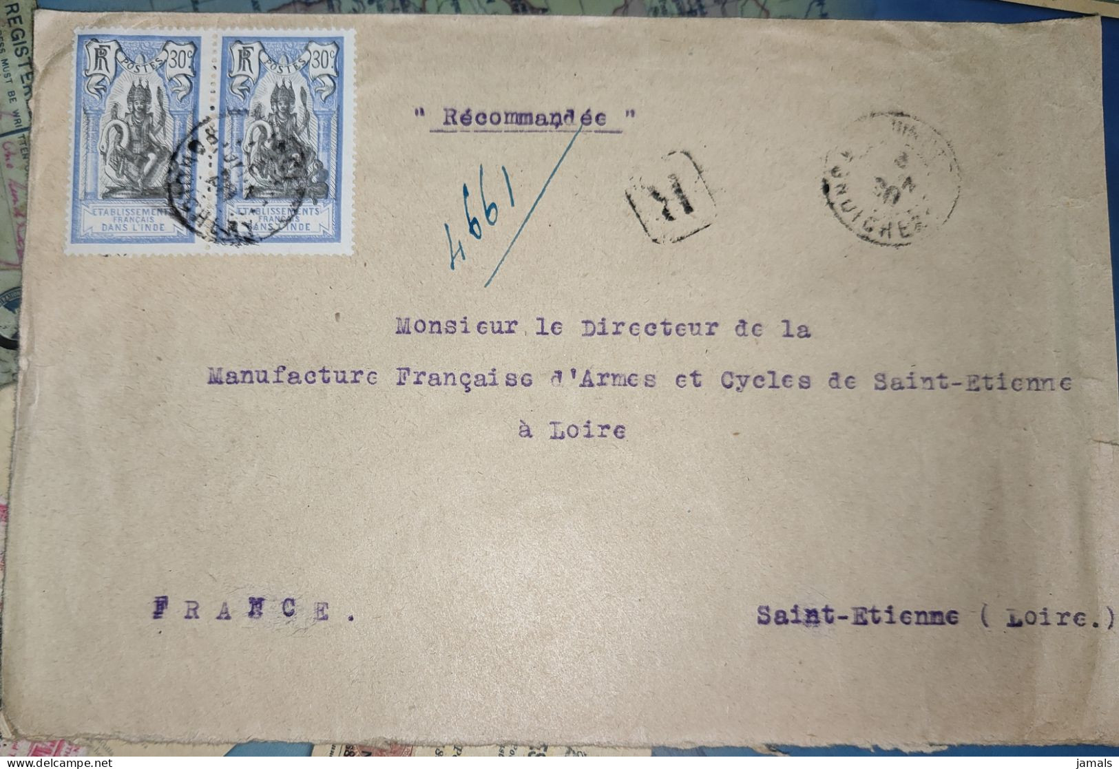 French India, Pondichery Postmark, Registered Cover To France, Inde Indien - Briefe U. Dokumente