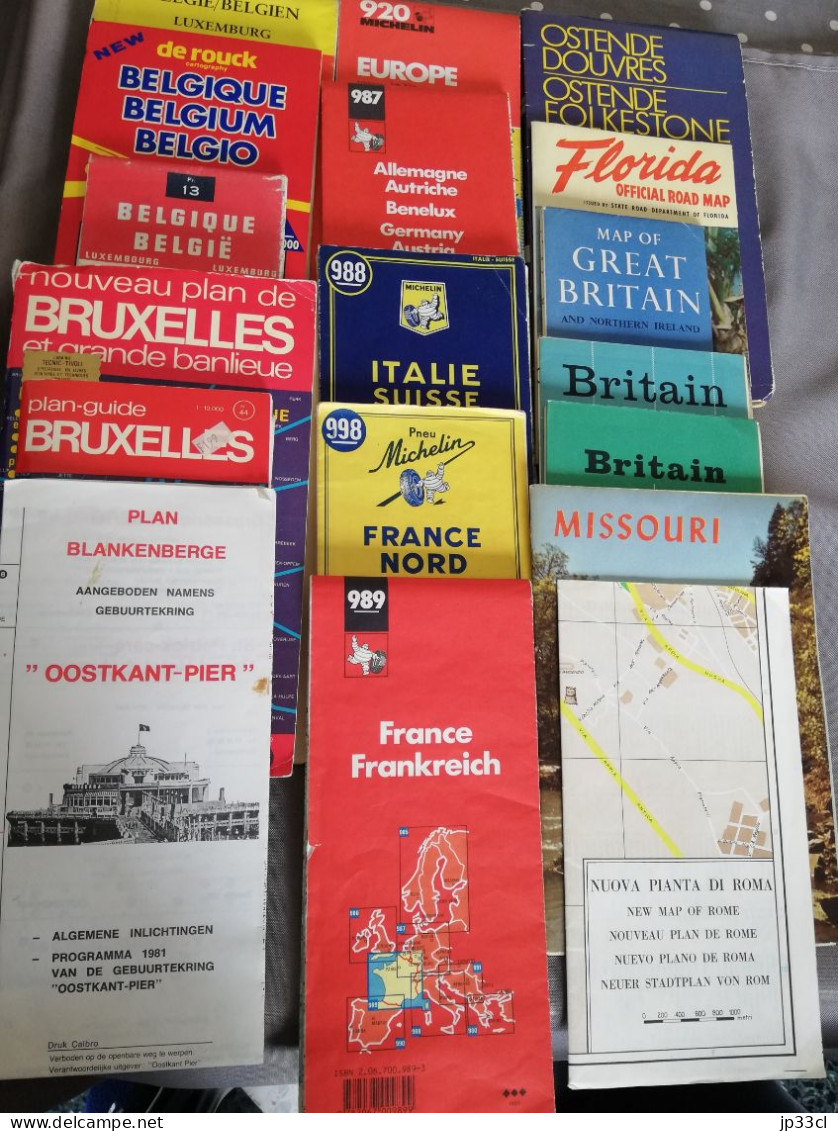 Lot De 18 Plans Et Cartes Routières (Belgique, France, Italie, Suisse, Rome, Britain, Florida, Missouri...) - Geographische Kaarten