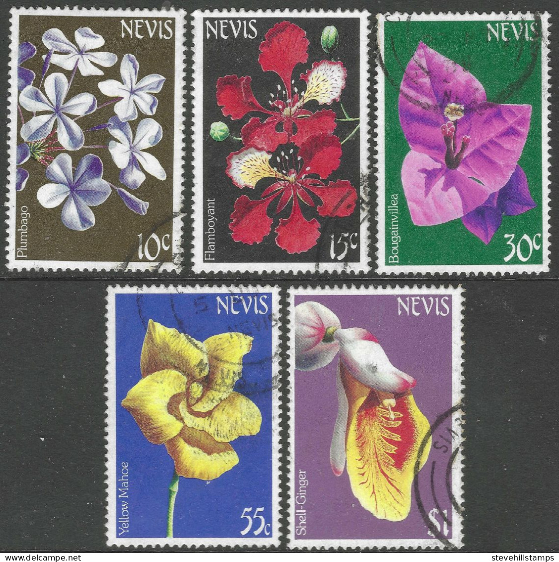 Nevis. 1984 Flowers. 5 Used Values To $1. SG 186A Etc. M3142 - St.Kitts And Nevis ( 1983-...)