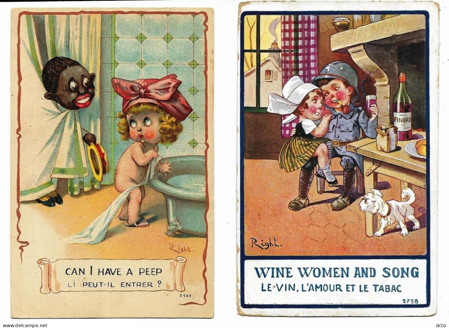 2 Cpa RIGHT Le Vin, L'amour Et Le Tabac 2758 (1 Angle Mou, Envoi 1918) & Li Peut-il Entrer  2962 Lapina - Right