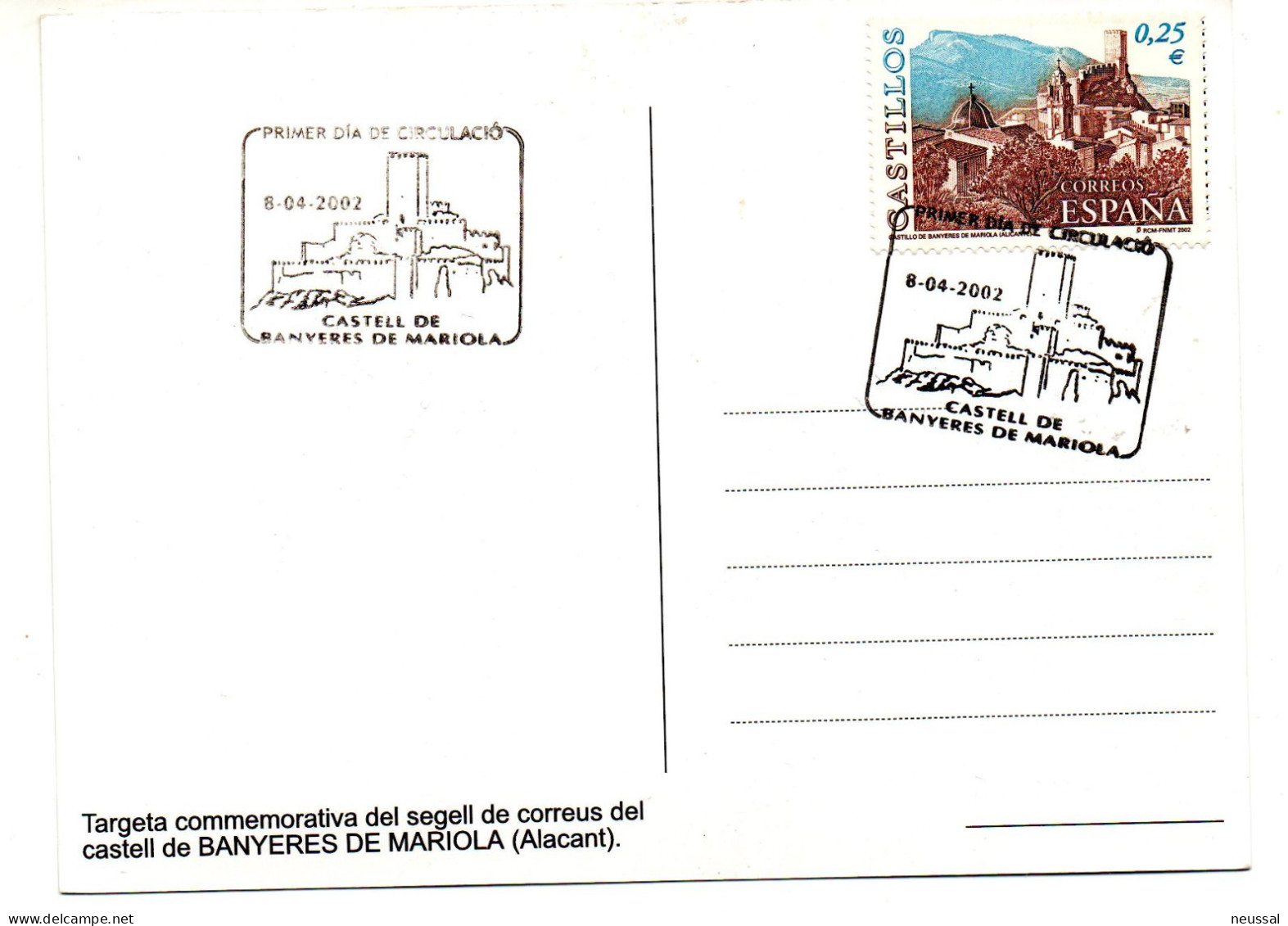 Tarjeta Con Matasellos Commemorativo De Castell De Mariola De 2002 - Brieven En Documenten