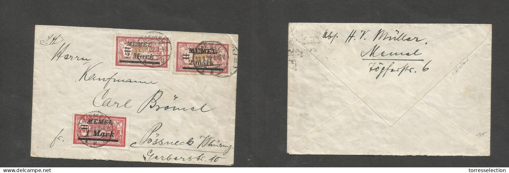 Memel. 1922 (29 Febr, Leap Year) GPO - Posnach, Germany. Multifkd Env + Held For Further Postage (2 Marks) Tied (13,3,22 - Andere & Zonder Classificatie