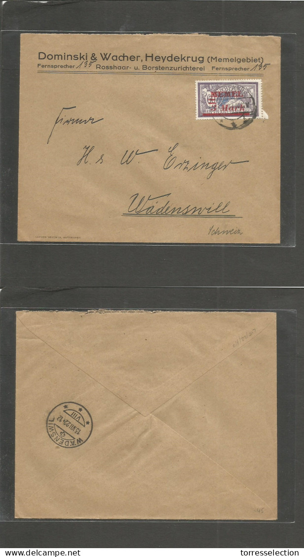 Memel. 1922 (11 July) Heydekrug - Switzerland, Wadenswel. Single 3 Mark / 60c Ovptd Issue. Comercial Correspondence. VF. - Autres & Non Classés