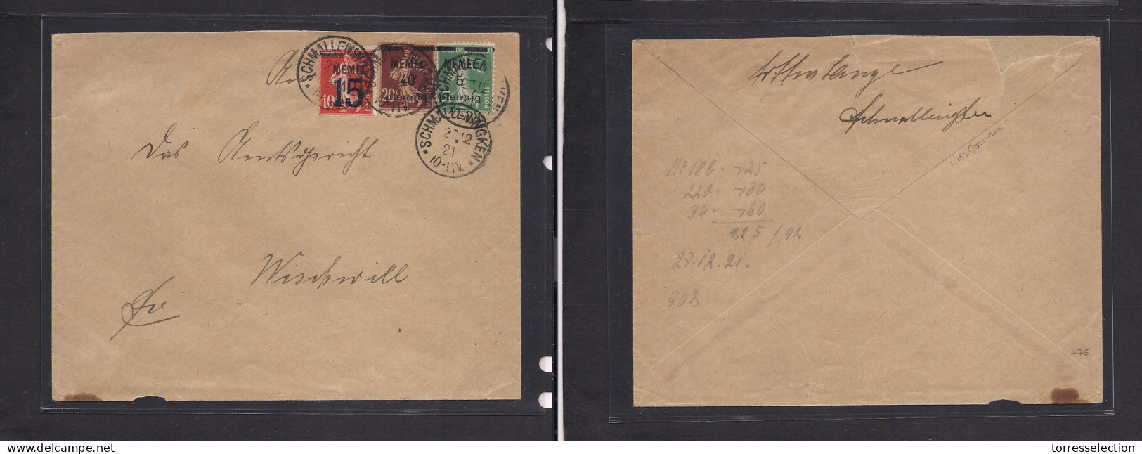 Memel. 1921 (27 Dec) Schmalleningken - Wischwill. Multifkd Env. Ceres Issue Ovptd Tricolor, Tied Cds. - Altri & Non Classificati