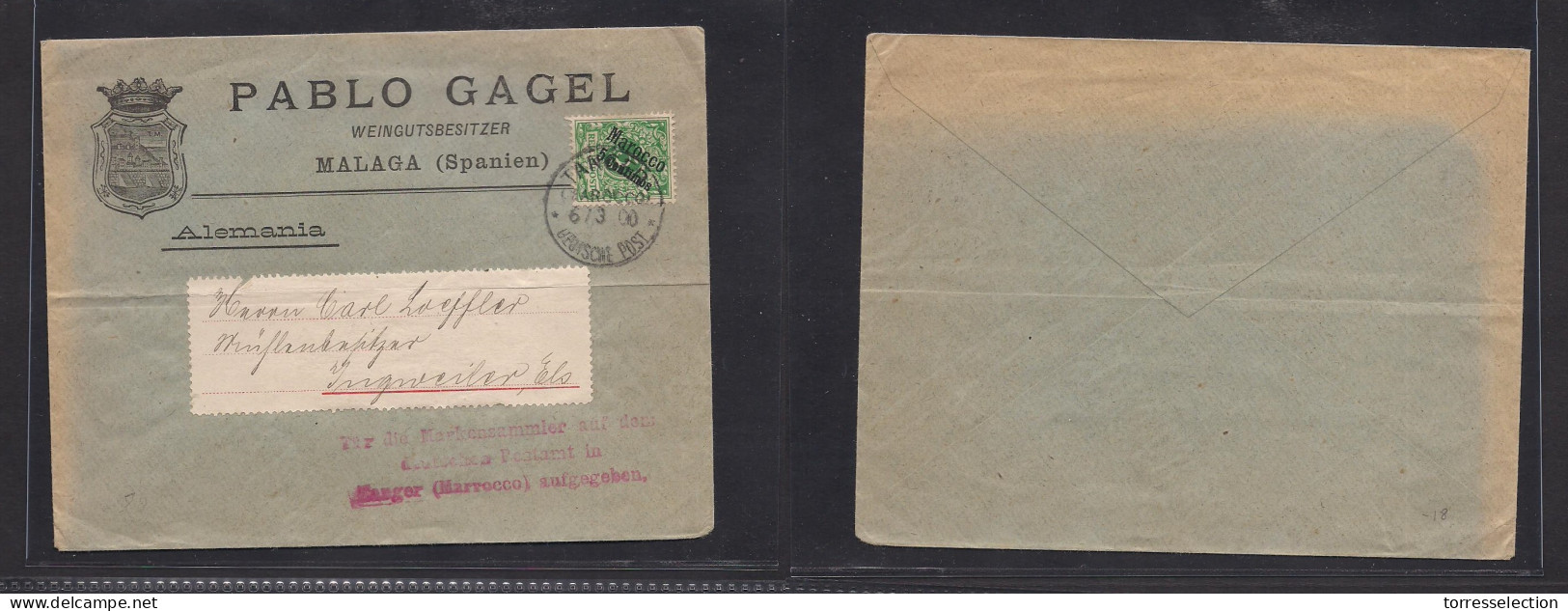 MARRUECOS - German. 1900 (6 March) Tanger - Germany, Ingroiber. PM Unselled Malaga Wines Trade Envelope, 5 Pf Green Ovpt - Marruecos (1956-...)