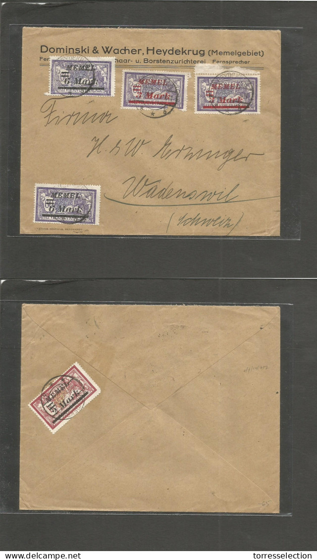 Memel. 1922 (5 Oct) Heydekrug - Switzerland, Wadenswil. Multifkd Env, Ovptd Issue. Comercial Correspondence. - Other & Unclassified