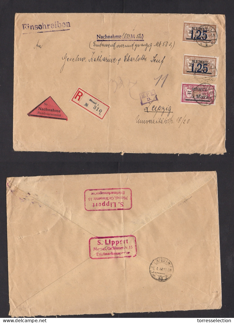 Memel. 1922 (4 April) GPO - Leipzig, Germany (6 Apr) Registered Insured Reimborsement Multifkd Ovptd Issue Envelope, Hig - Andere & Zonder Classificatie