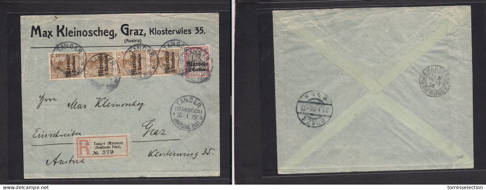 MARRUECOS - German. 1906 (10 Jan) Tanger - Austria, Graz (21 Jan) Via Marseille. Registered Circulated Env. Fine Tied Cd - Marruecos (1956-...)