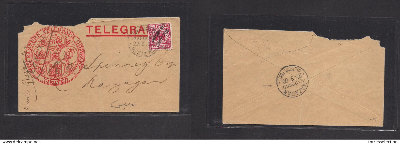 MARRUECOS - German. 1900 (22 March) Tanger - Mazagan (27 March) German PO Reverse Cds. A Rare Eastern Telegram Fkd Envel - Marruecos (1956-...)