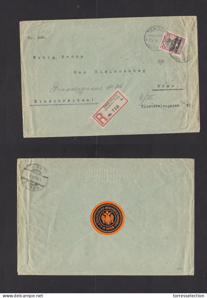 MARRUECOS - German. 1909 (25 June) Tanger - Austria, Graz (1 July) Registered 50c / 40c Ovptd French Currency Fkd Envelo - Marruecos (1956-...)