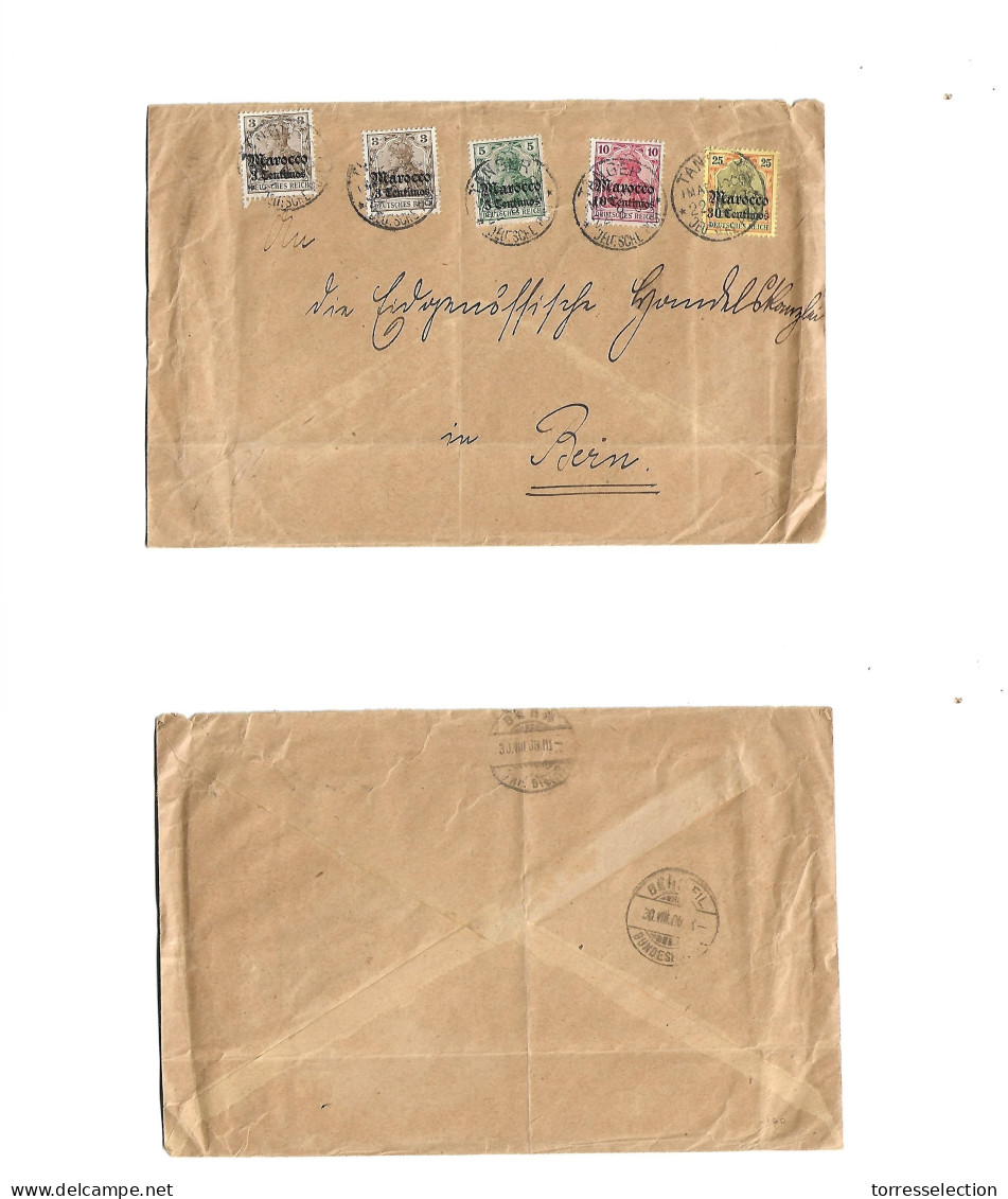 MARRUECOS - German. 1908 (22 Aug) Tanger - Bern, Switzerland (30 Aug). Multifkd Ovptd Issue Germania Envelope. Value To  - Marruecos (1956-...)