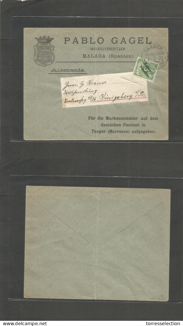 MARRUECOS - German. 1900 (5 May) Tanger - Germany, Konigsberg. Fkd Pm Rate 5c. French Currency Spain Malaga Wines Illust - Marruecos (1956-...)