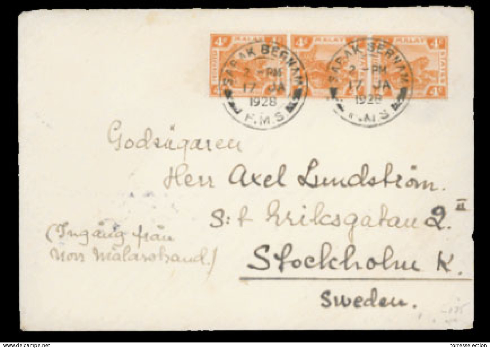 MALAYSIA. MALAYA (FMS). 1928(Jan 17th). Cover To Stockholm, SWEDEN Franked By Strip Of Three 1926 4c Orange All Tied By  - Malaysia (1964-...)