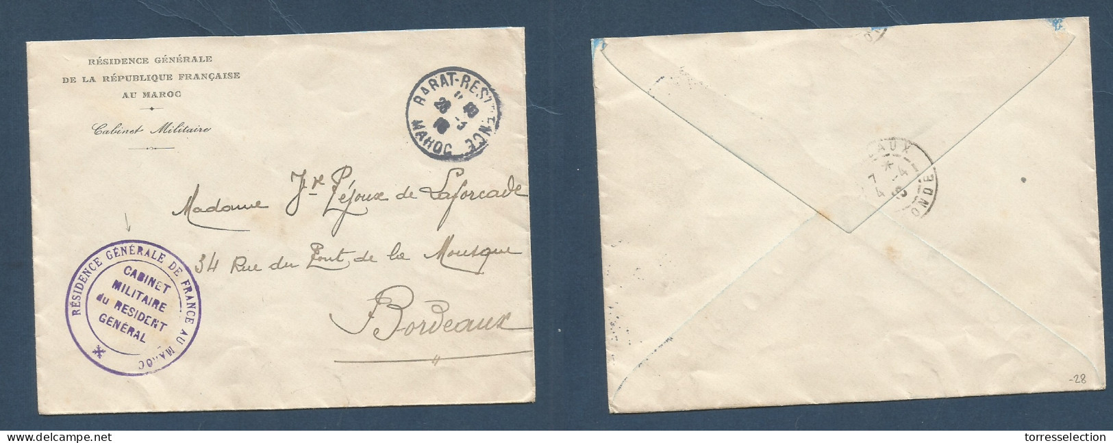 MARRUECOS - French. 1916 (28 March) Rabat - Bordeaux, France. Military Mail. Printed Cacheted FM Envelope. Fine. - Morocco (1956-...)