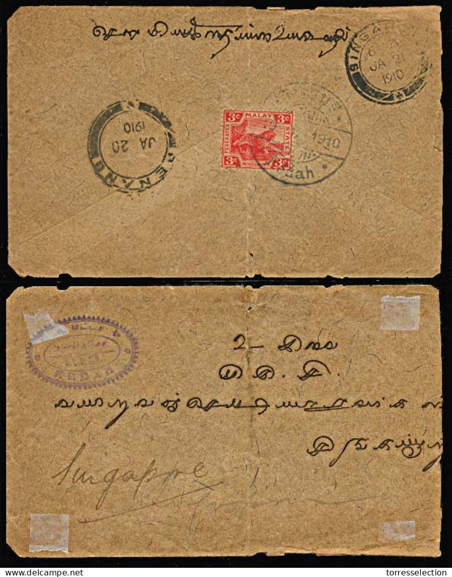MALAYSIA. 1910. MALAYA-FEDERATED MALAY STATES.  Kedah To Singapore. Envelope Franked With 3c Red Malay Fed. States, Canc - Malaysia (1964-...)