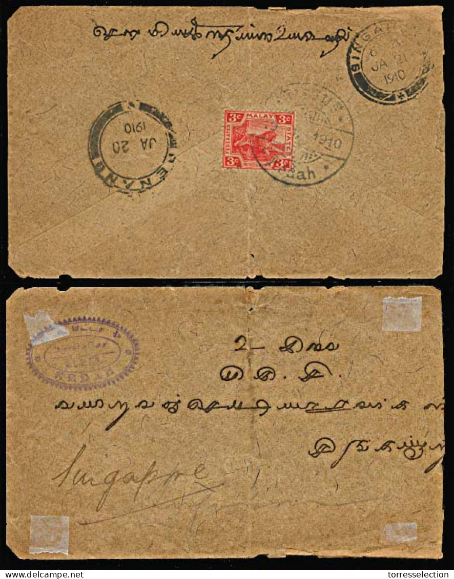 MALAYSIA. 1910. MALAYA-FEDERATED MALAY STATES.  Kedah To Singapore. Envelope Franked With 3c Red Malay Fed. States, Canc - Maleisië (1964-...)